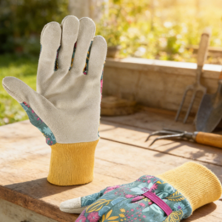 Plant Print Women's Gardening Gloves - Leather Palm for Garden Work