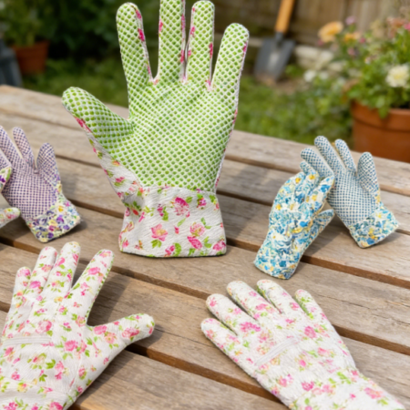 Women's Washable Floral Gardening Cotton Gloves - Non-Slip Dot and Drawstring Closure Design